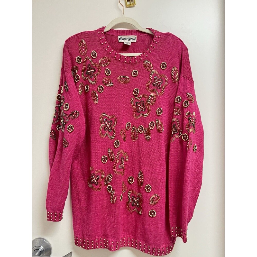 VTG 80s Pink Beaded Sequin Embroidered Sweater M Ramie Cotton Christine Gerard